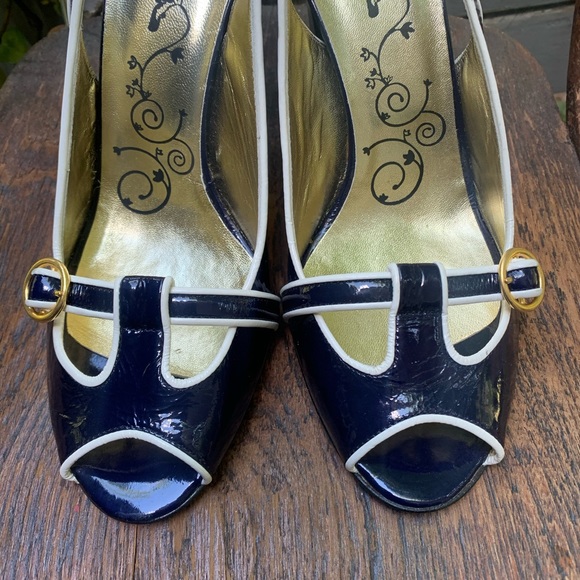 TIBI Navy & White Peep-toe Slingbacks - Picture 4 of 13
